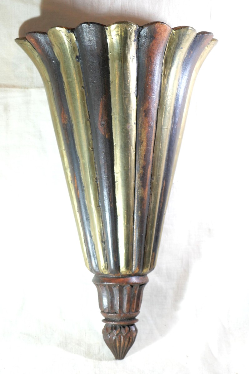 Sconce Carved Wood Gadrooned Cone Shape Several Parts Brass Veneer Sbx25apl001