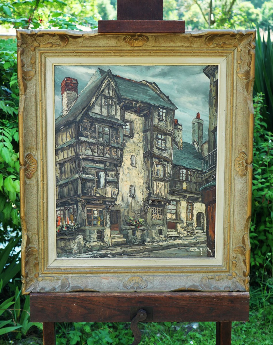 Hst Knife Painting Signed Boyer Half-timbered Norman Village House Rbn25boy001