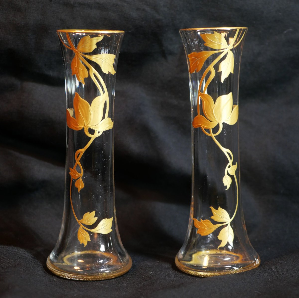 Art Nouveau - Reduced Pair Of Soliflore Vases With Vegetal Decoration And Gilt Highlights Sdc25vas004-photo-2