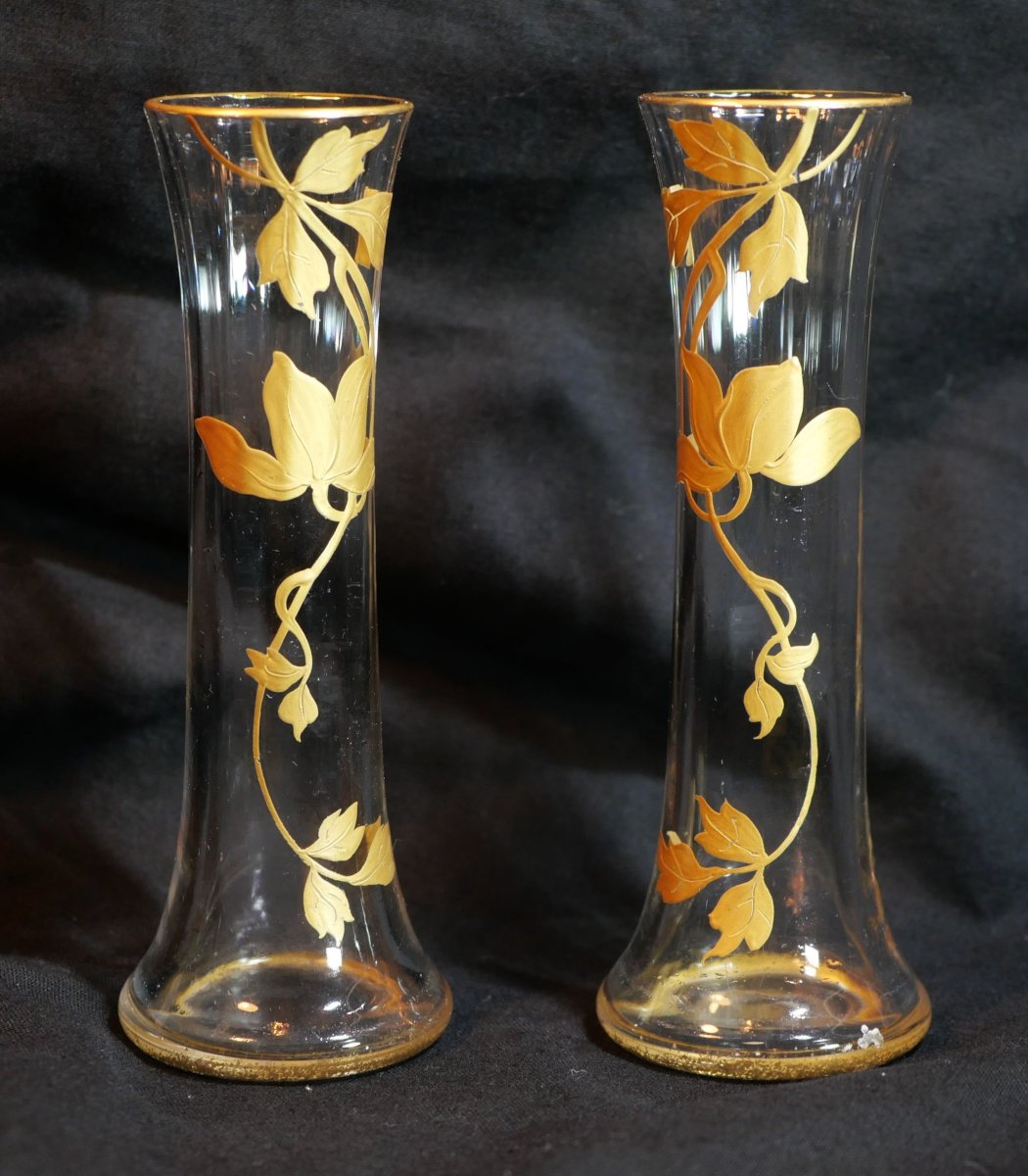 Art Nouveau - Reduced Pair Of Soliflore Vases With Vegetal Decoration And Gilt Highlights Sdc25vas004-photo-3