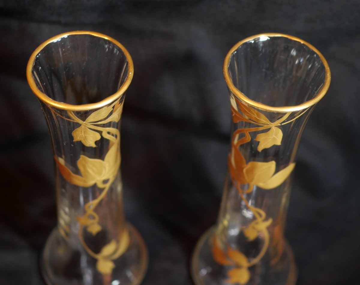 Art Nouveau - Reduced Pair Of Soliflore Vases With Vegetal Decoration And Gilt Highlights Sdc25vas004-photo-5