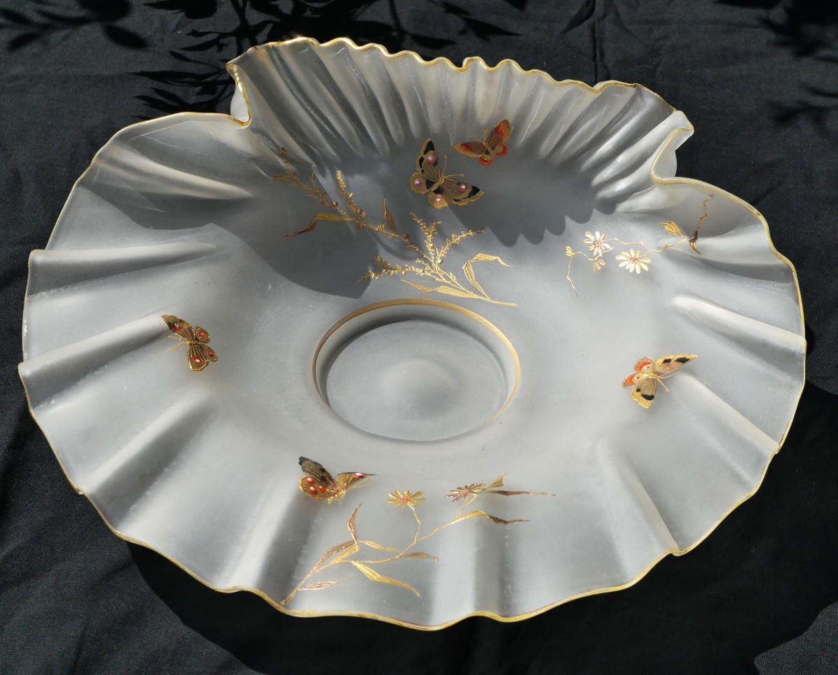 Art Nouveau - Sandblasted Glass Seashell Bowl With Japanese-style Decoration, 19th Century, Montjoye Scn25pap001