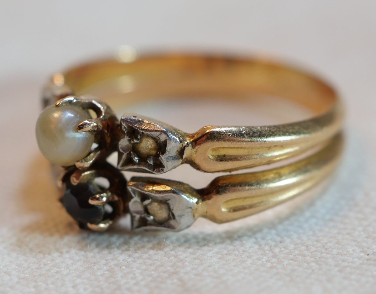 bague OR 18K 2 anneaux 2 ors sertie d’une perle et d’un saphir épaulée brillants SDC25BAG001-photo-3
