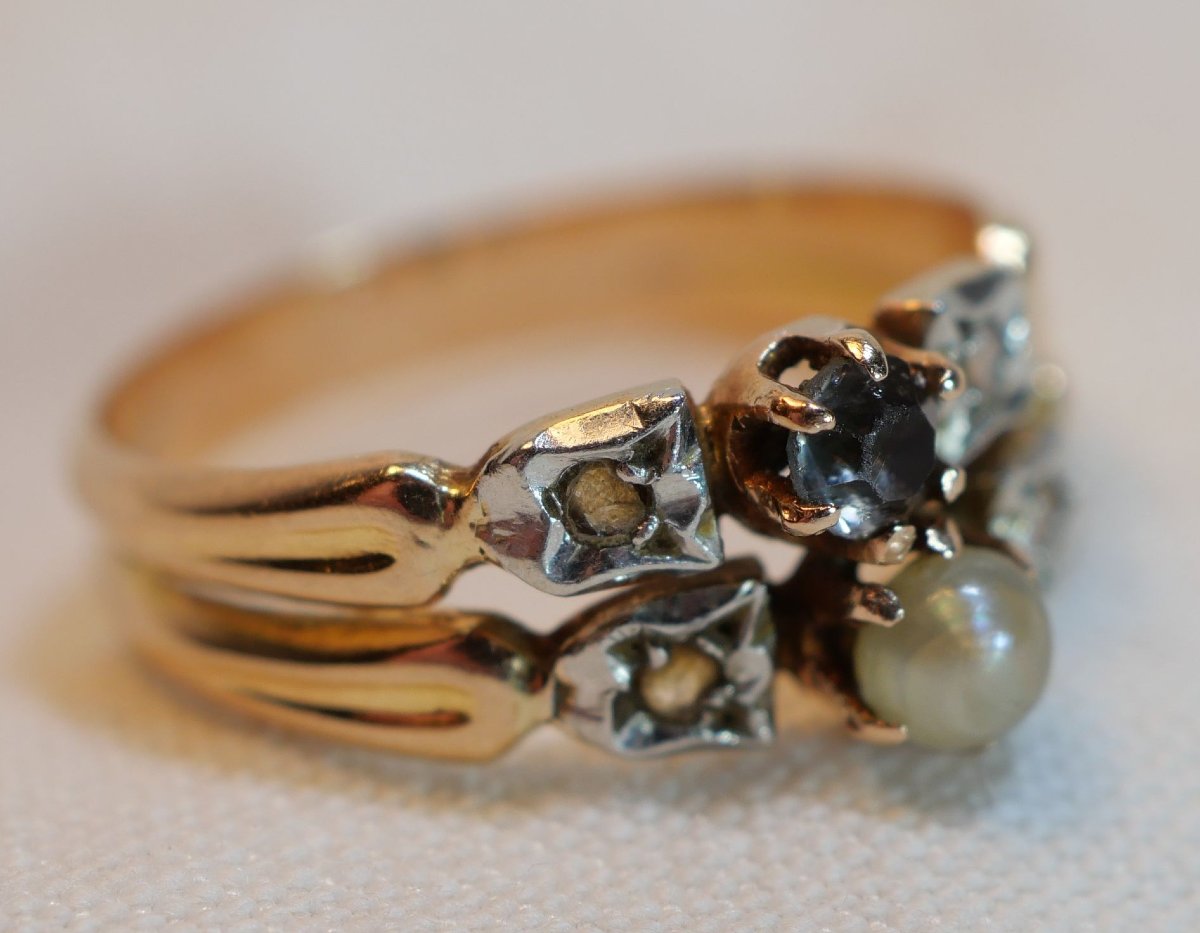 bague OR 18K 2 anneaux 2 ors sertie d’une perle et d’un saphir épaulée brillants SDC25BAG001-photo-4
