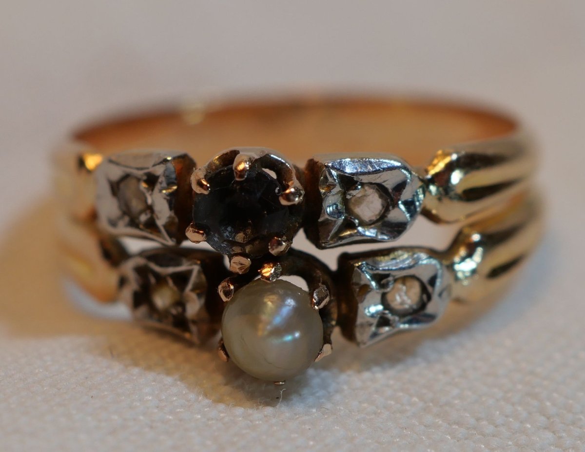 bague OR 18K 2 anneaux 2 ors sertie d’une perle et d’un saphir épaulée brillants SDC25BAG001-photo-5