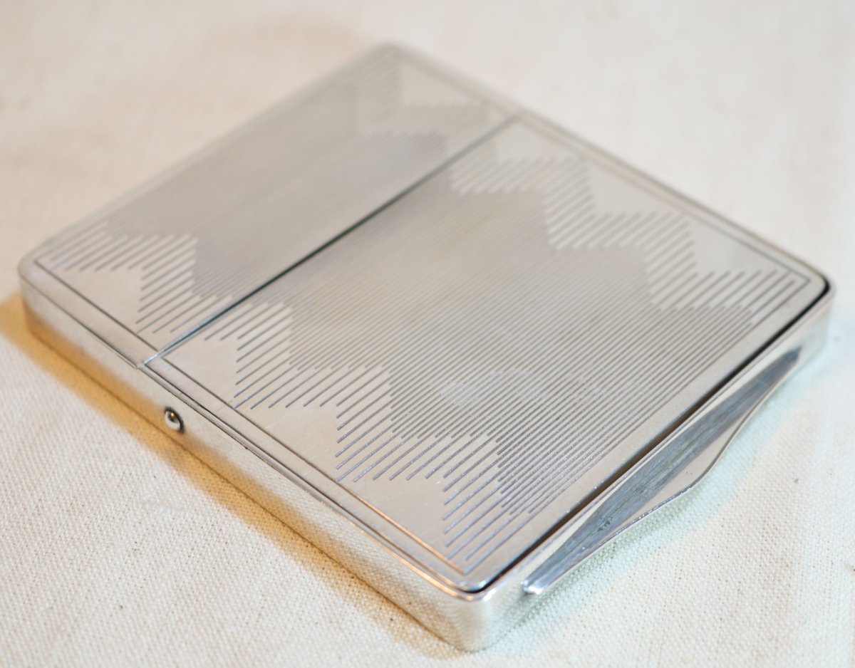Art Deco Silver Cigarette Case With Vermeil Interior And Boar's Head, Weight 128g Sch24etu001-photo-4