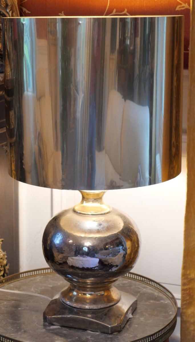 1970s Lamp Attributed To Maison Charles – Eglomisé Ceramic And Metallic Lampshade – H. 72 -photo-2