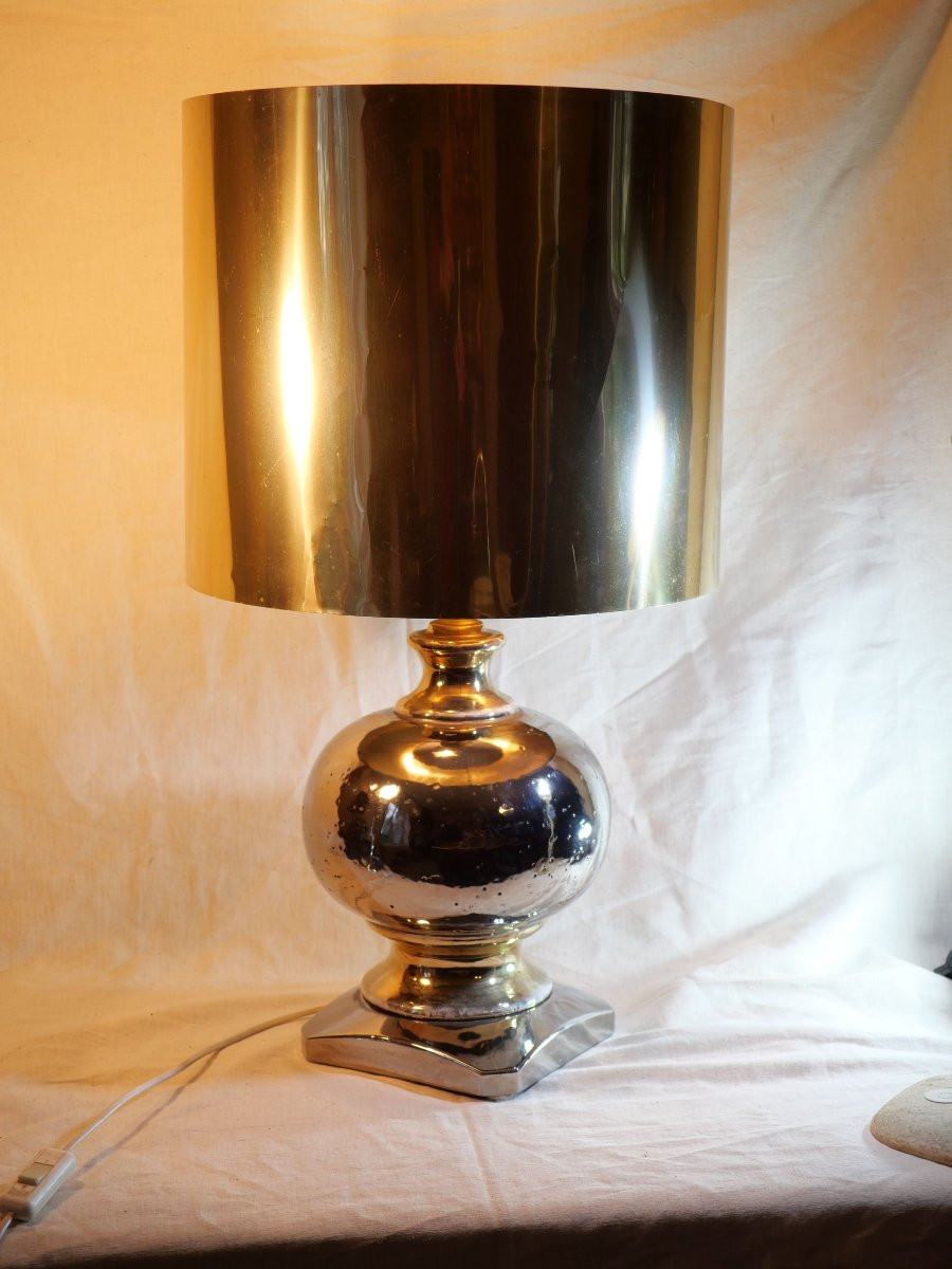 1970s Lamp Attributed To Maison Charles – Eglomisé Ceramic And Metallic Lampshade – H. 72 -photo-3