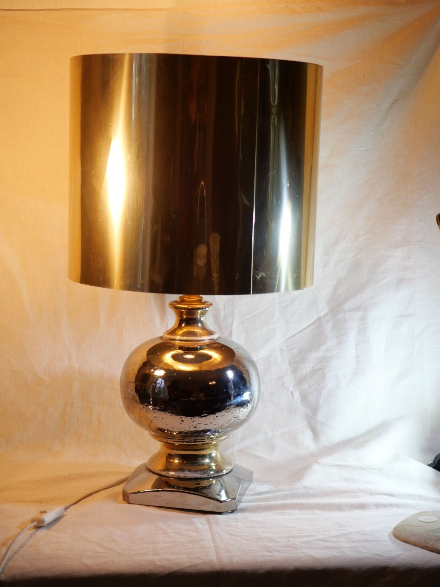 1970s Lamp Attributed To Maison Charles – Eglomisé Ceramic And Metallic Lampshade – H. 72 -photo-4