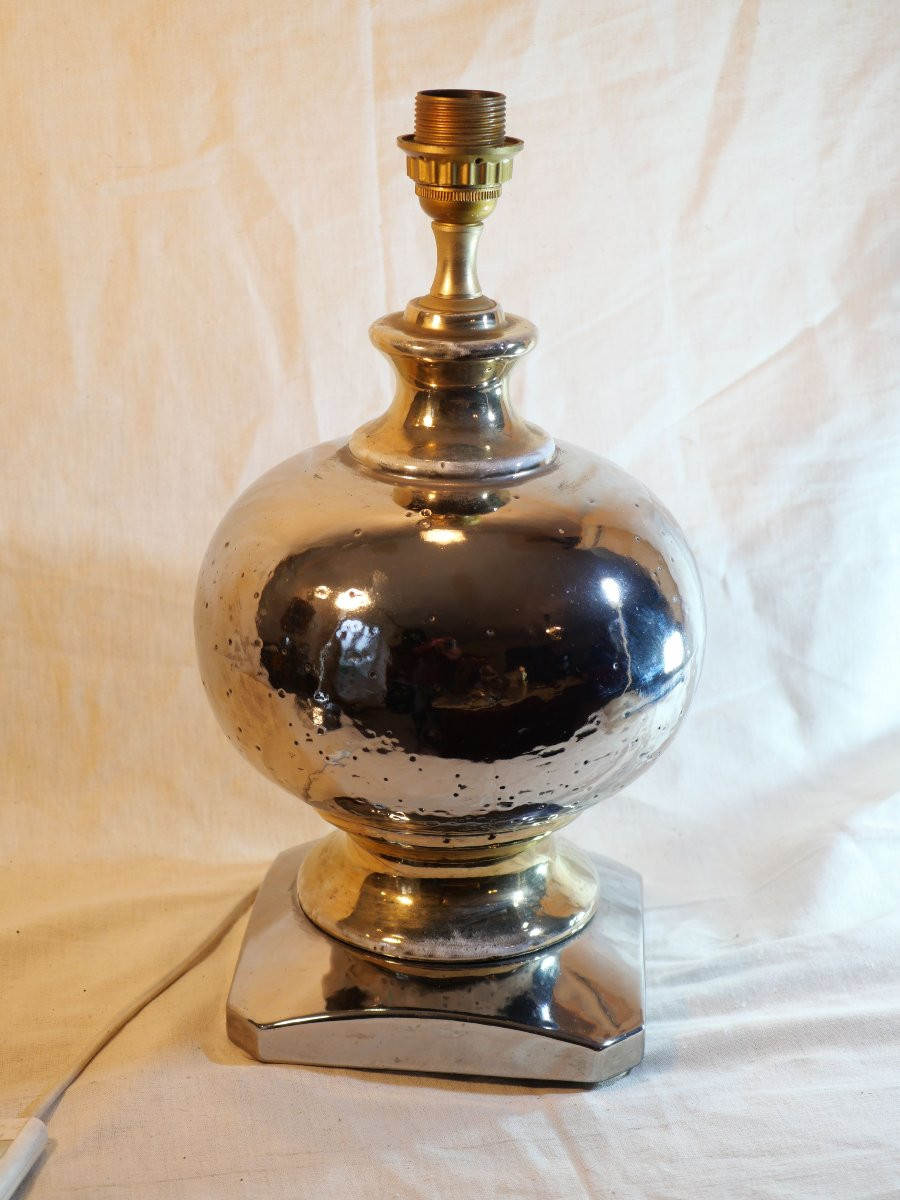 1970s Lamp Attributed To Maison Charles – Eglomisé Ceramic And Metallic Lampshade – H. 72 -photo-2