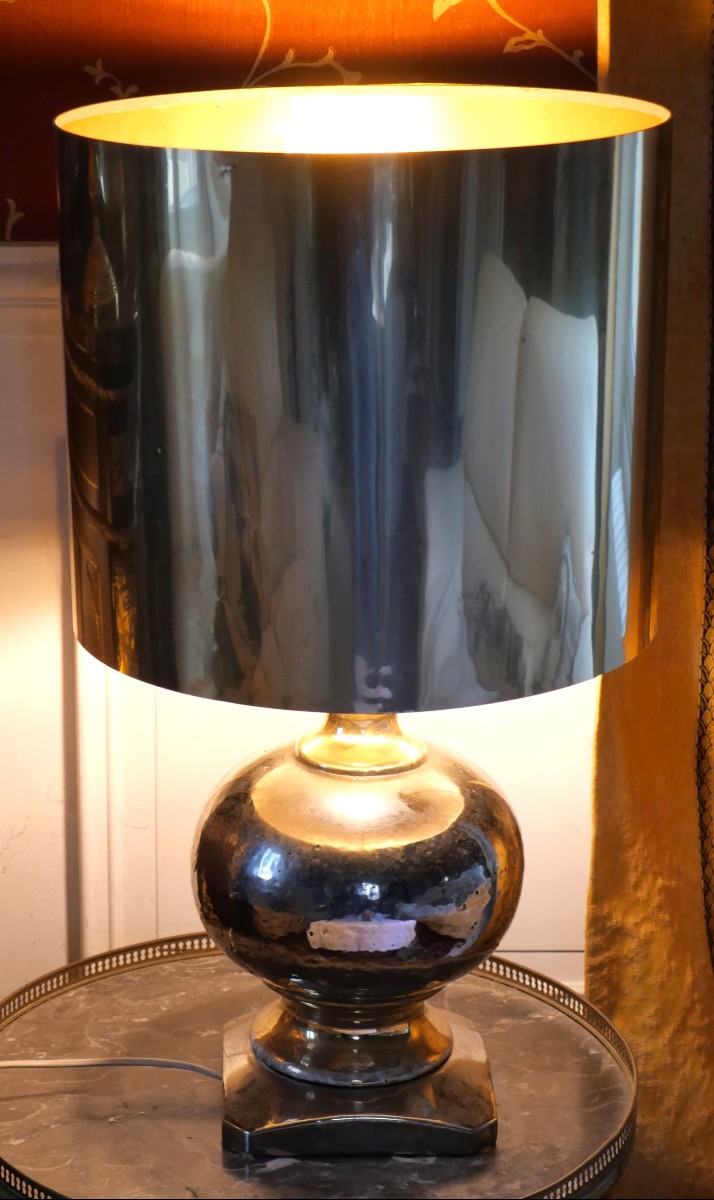 1970s Lamp Attributed To Maison Charles – Eglomisé Ceramic And Metallic Lampshade – H. 72 
