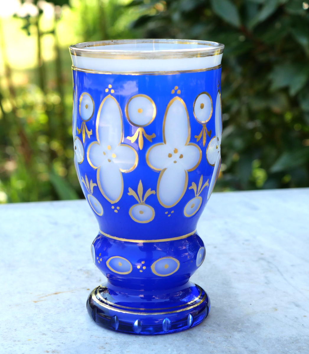 Blue And White Glass Overlay Vase With Gold Enamel Decoration - European Work, Late 19th Century Scn25ovr001