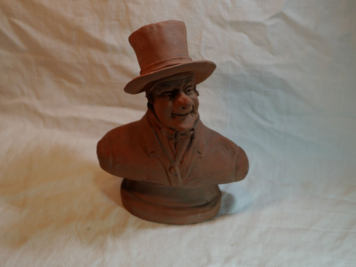 Terracotta Caricature Bust Of A Man With A Hat - In The Daumier Style, 19th Century Rar-photo-2