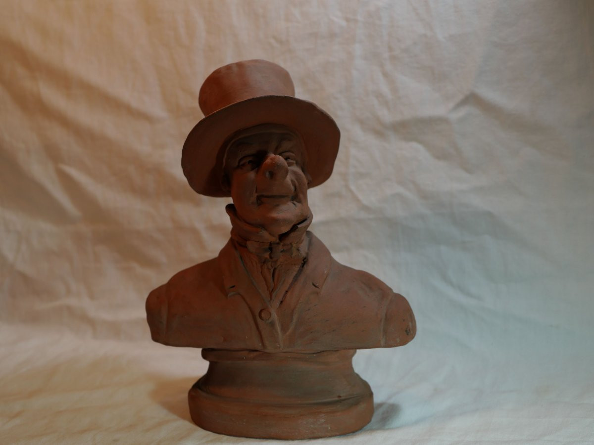 Terracotta Caricature Bust Of A Man With A Hat - In The Daumier Style, 19th Century Rar-photo-3