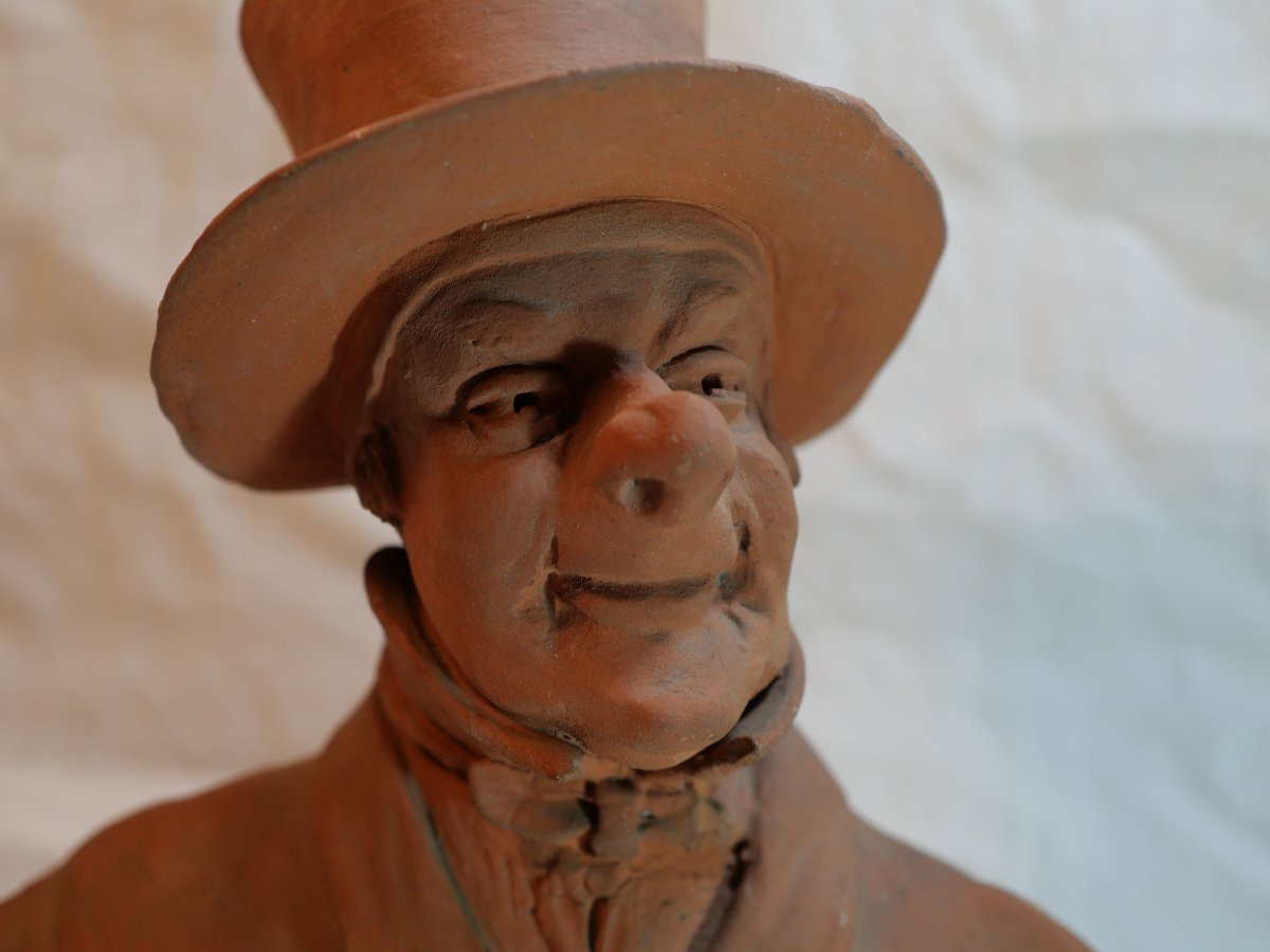 Terracotta Caricature Bust Of A Man With A Hat - In The Daumier Style, 19th Century Rar-photo-4