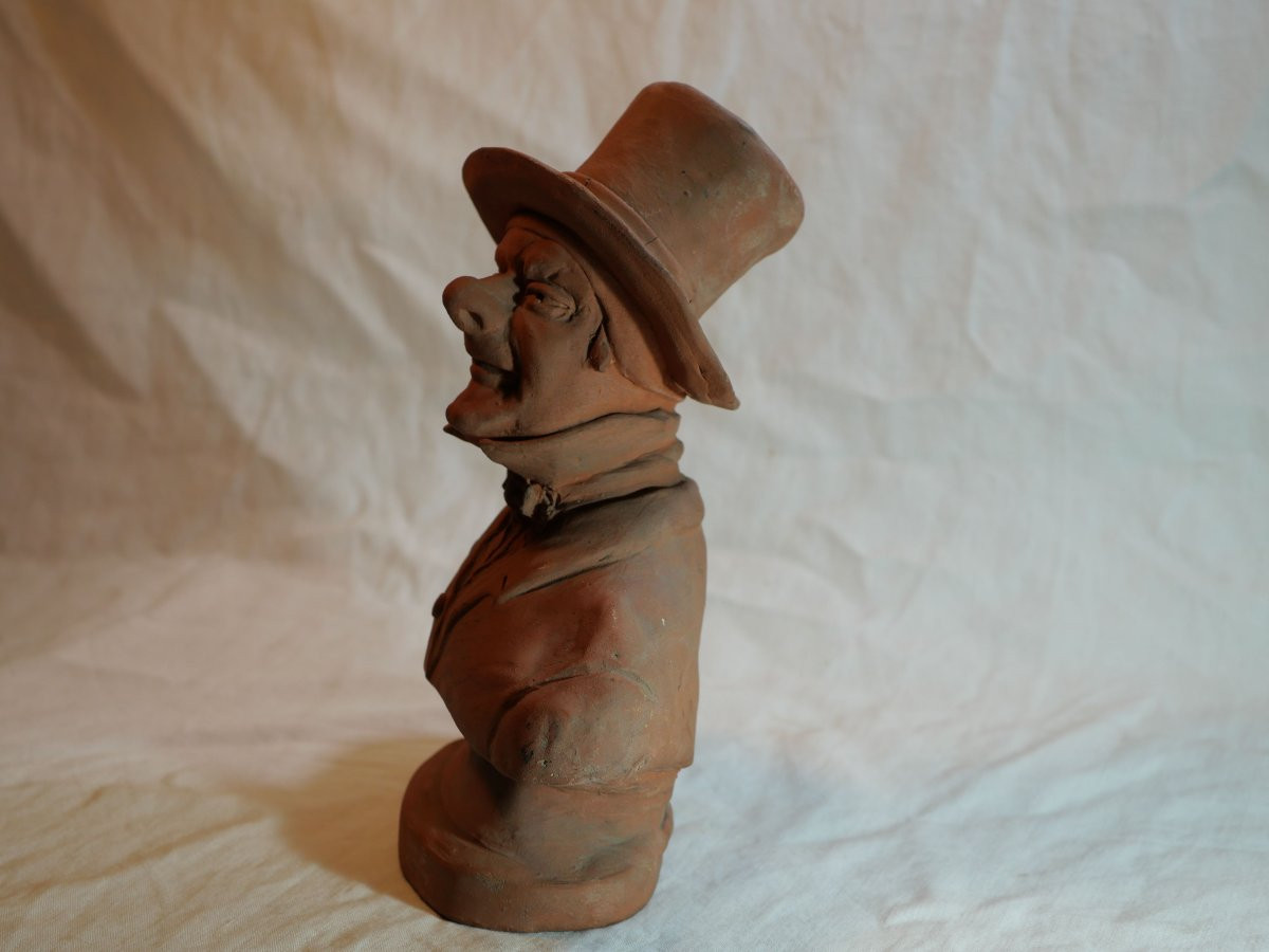 Terracotta Caricature Bust Of A Man With A Hat - In The Daumier Style, 19th Century Rar-photo-1