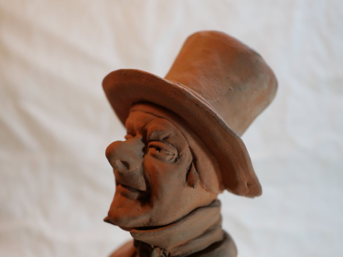 Terracotta Caricature Bust Of A Man With A Hat - In The Daumier Style, 19th Century Rar-photo-2