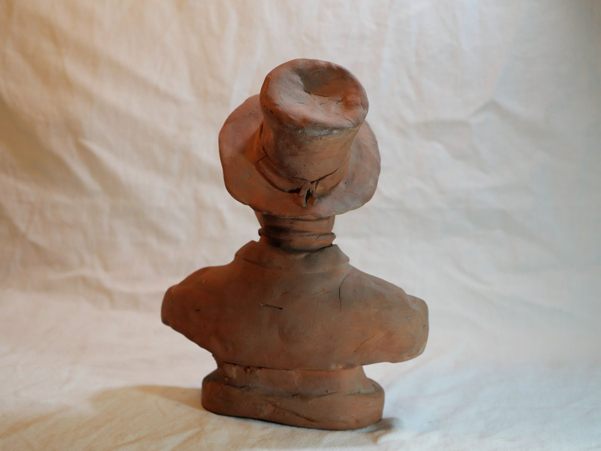 Terracotta Caricature Bust Of A Man With A Hat - In The Daumier Style, 19th Century Rar-photo-3