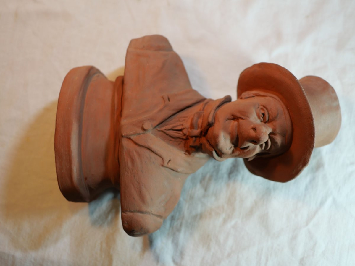 Terracotta Caricature Bust Of A Man With A Hat - In The Daumier Style, 19th Century Rar-photo-7