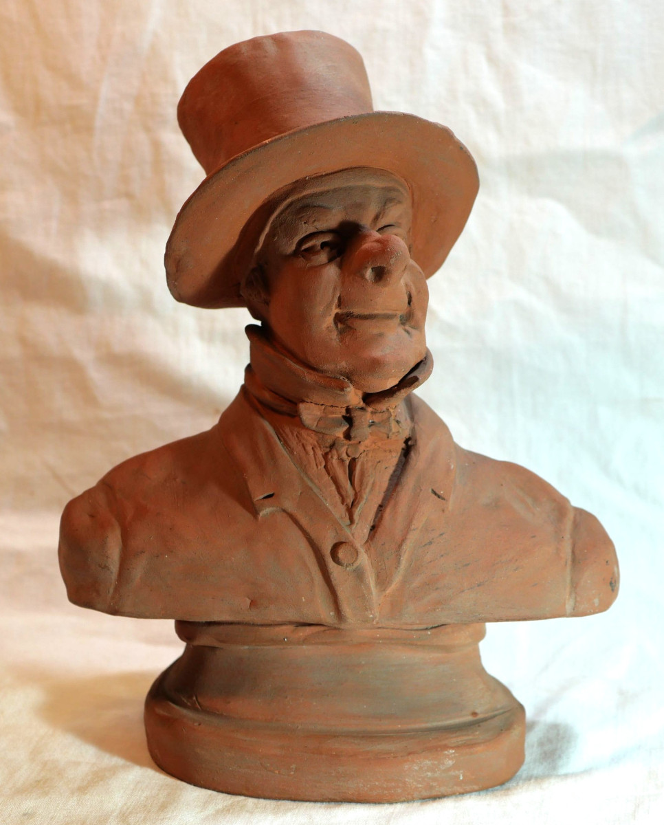 Terracotta Caricature Bust Of A Man With A Hat - In The Daumier Style, 19th Century Rar