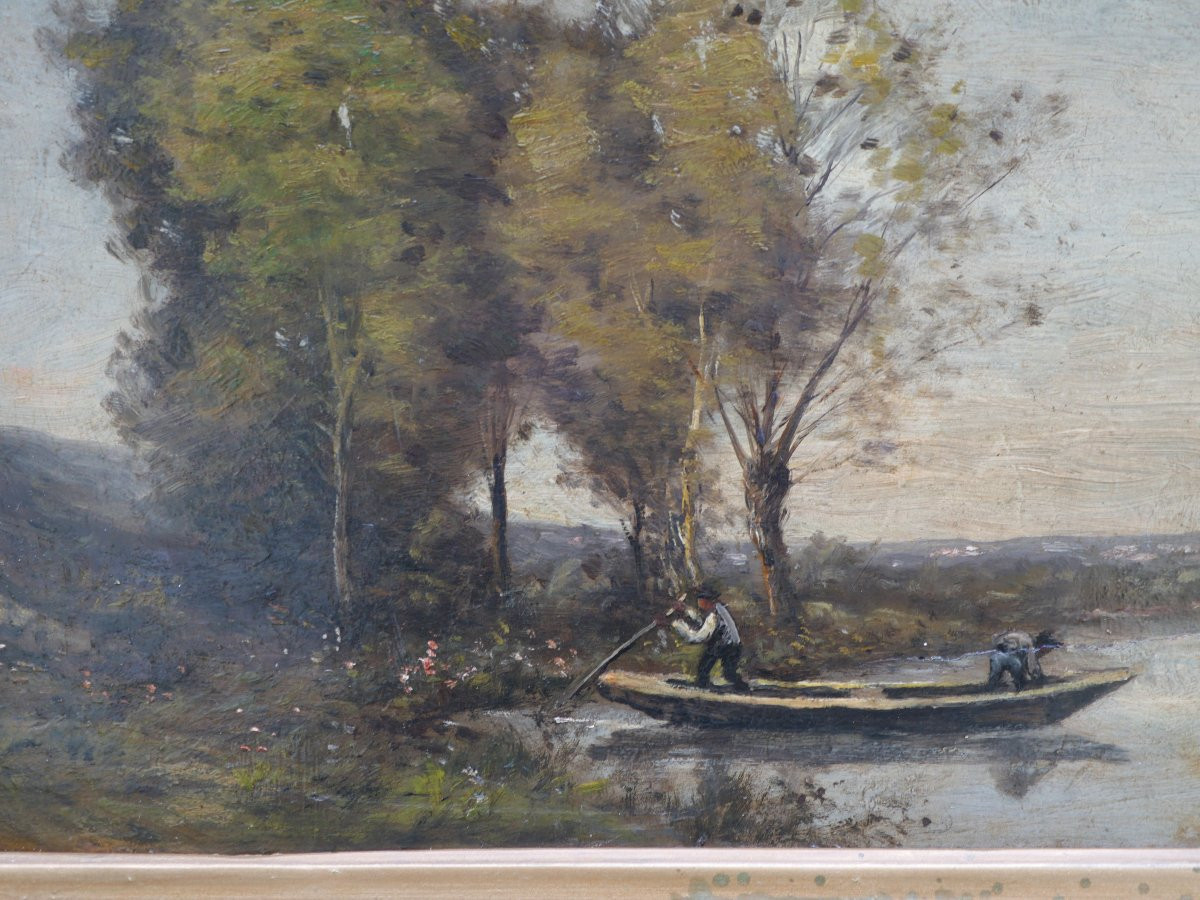HSP dans le goût de Corot - Batelier marais rivière - peinture revers - XIXe NOY25HSP001-photo-1