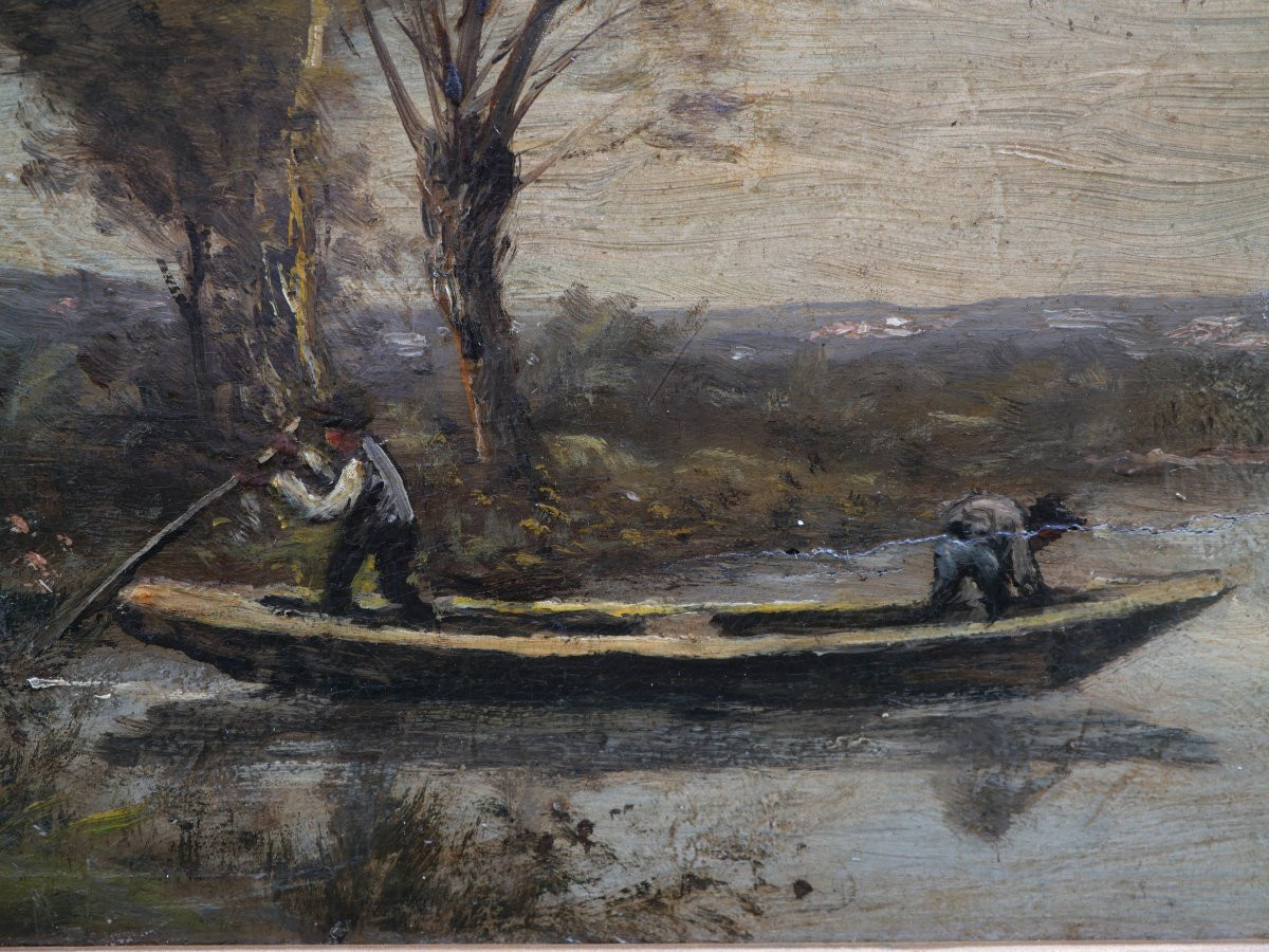 HSP dans le goût de Corot - Batelier marais rivière - peinture revers - XIXe NOY25HSP001-photo-3