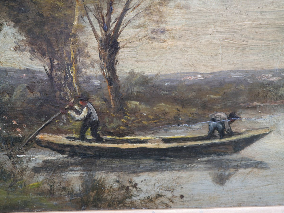HSP dans le goût de Corot - Batelier marais rivière - peinture revers - XIXe NOY25HSP001-photo-4