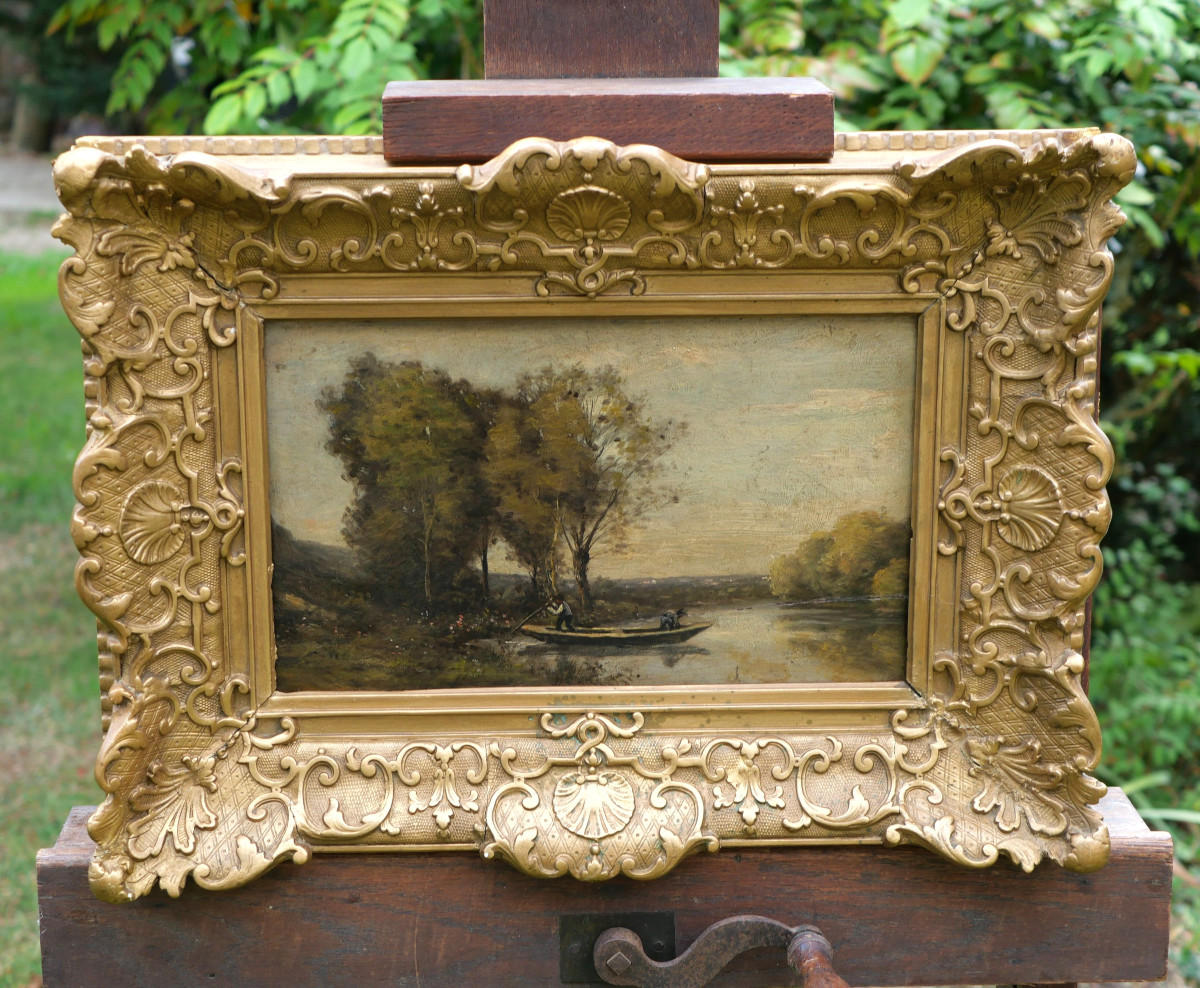 HSP dans le goût de Corot - Batelier marais rivière - peinture revers - XIXe NOY25HSP001