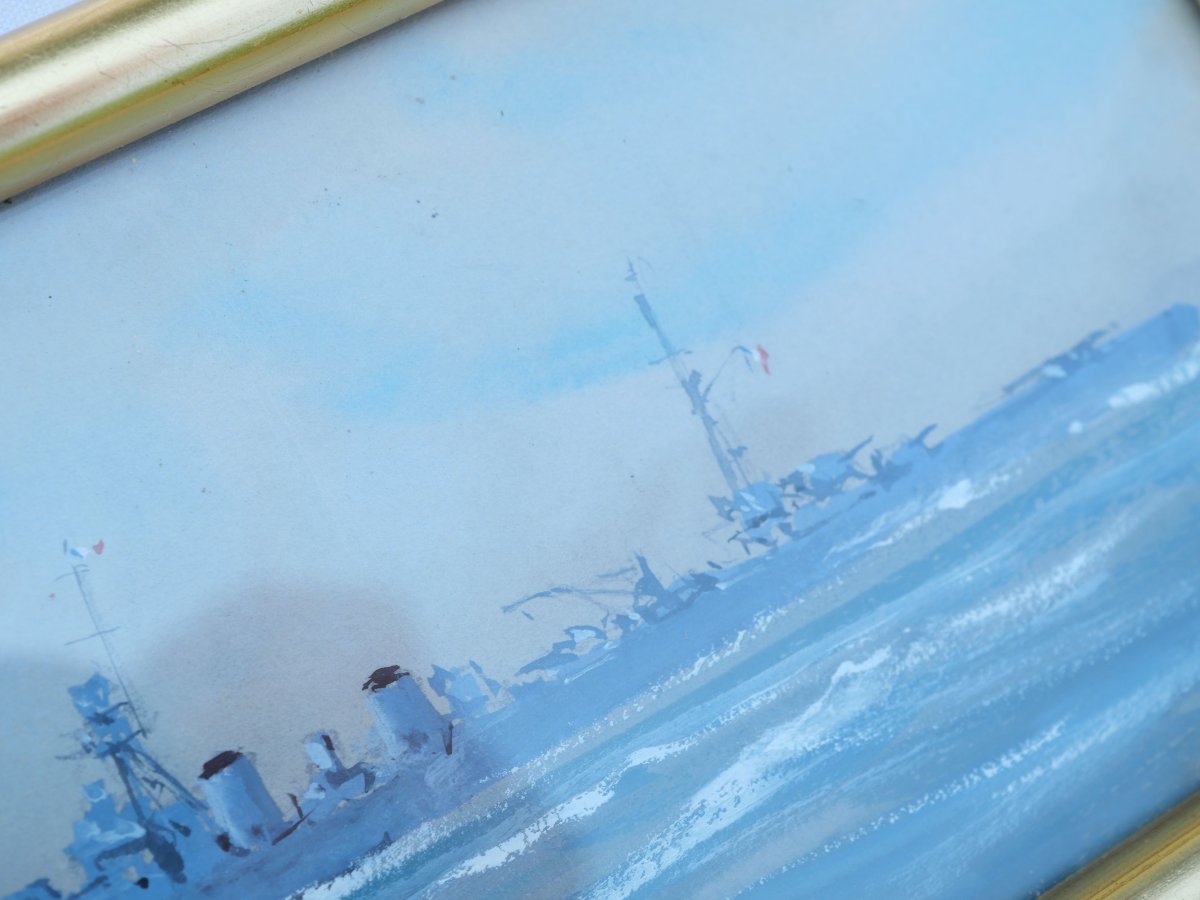 Aquarelle sous verre et encadrée représentant deux navires de guerre TOU25NAV001-photo-2