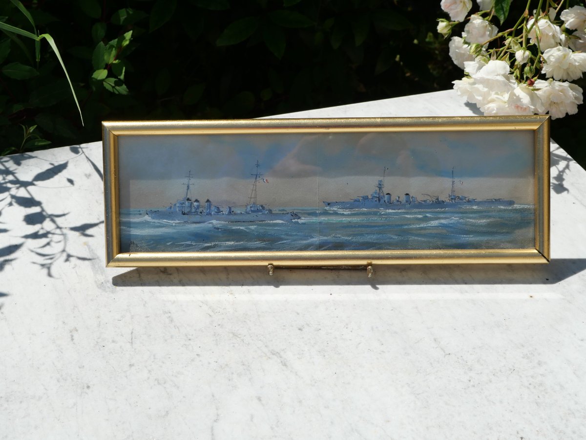 Aquarelle sous verre et encadrée représentant deux navires de guerre TOU25NAV001-photo-4