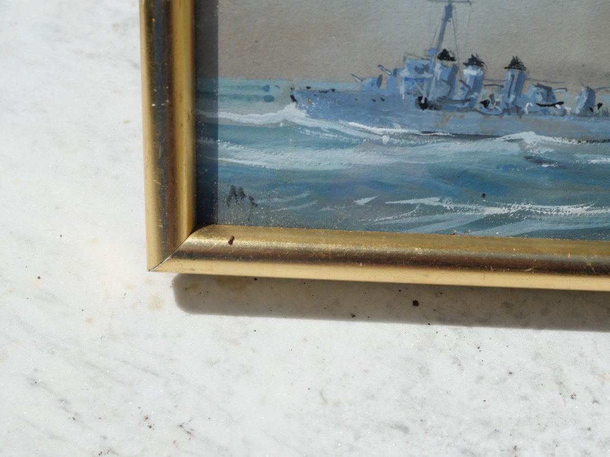 Aquarelle sous verre et encadrée représentant deux navires de guerre TOU25NAV001-photo-1