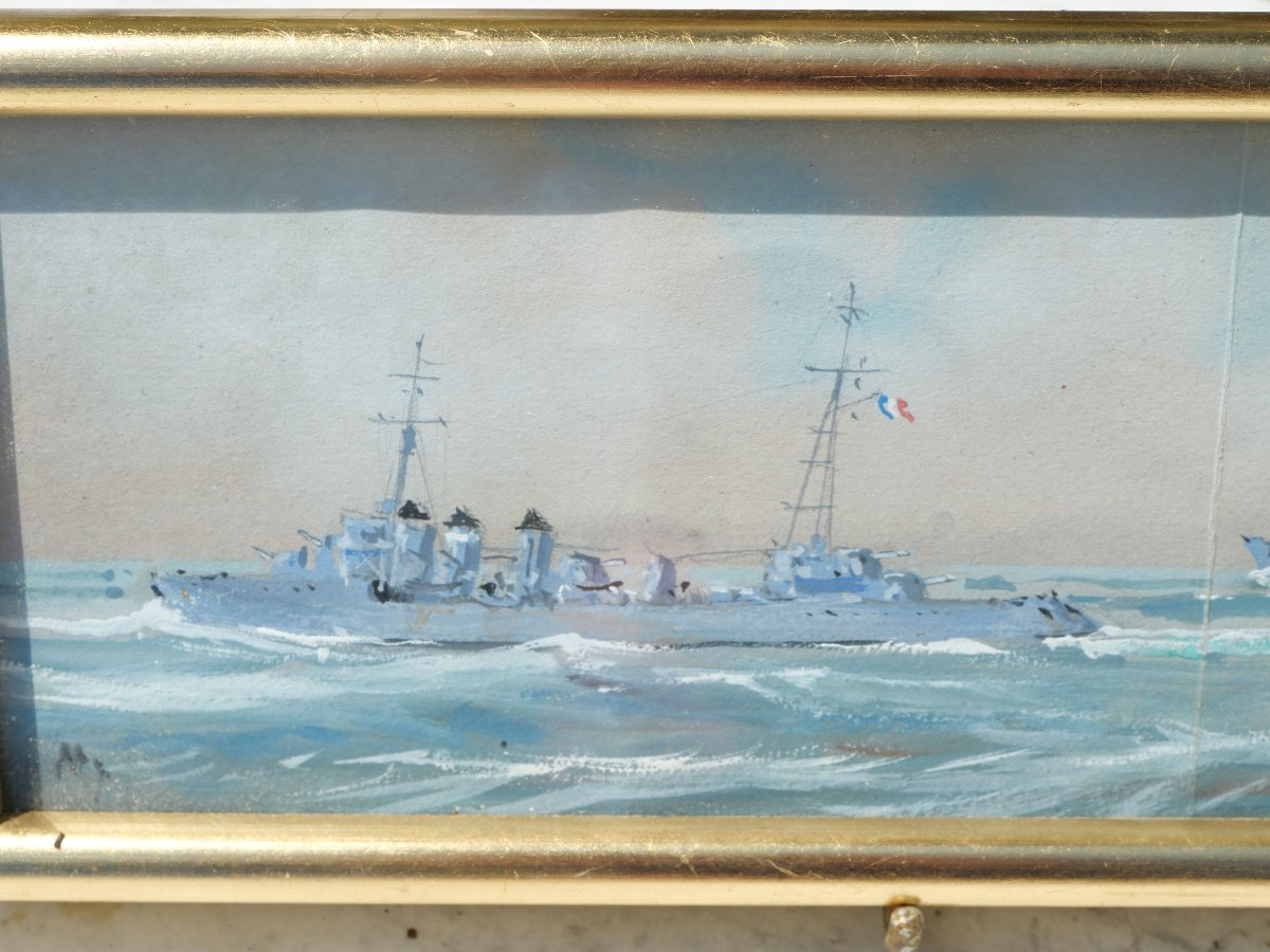 Aquarelle sous verre et encadrée représentant deux navires de guerre TOU25NAV001-photo-2