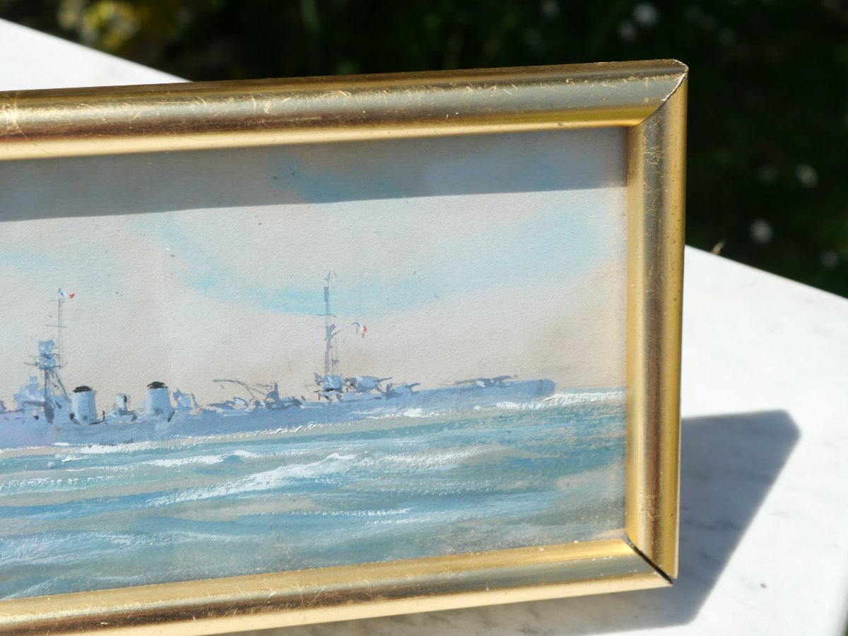 Aquarelle sous verre et encadrée représentant deux navires de guerre TOU25NAV001-photo-4