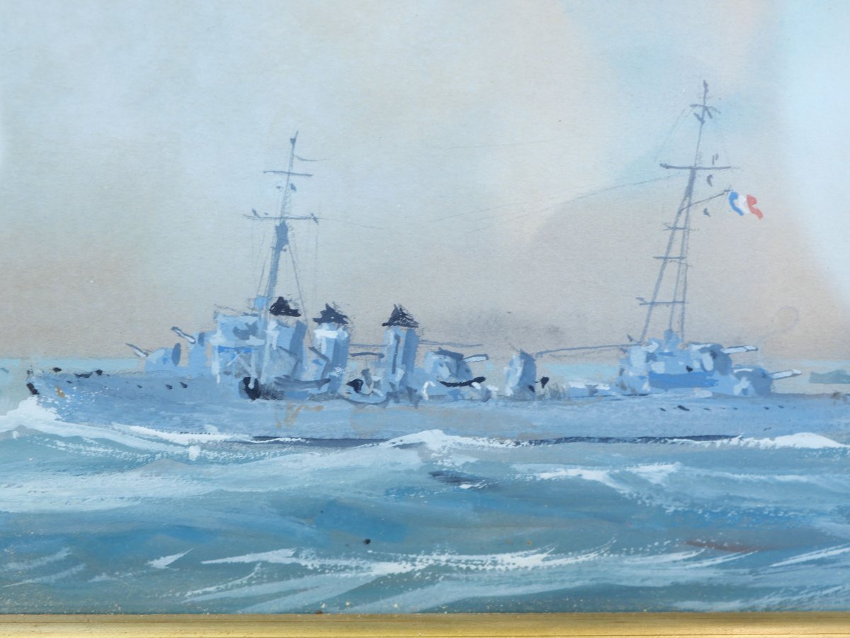 Aquarelle sous verre et encadrée représentant deux navires de guerre TOU25NAV001-photo-7