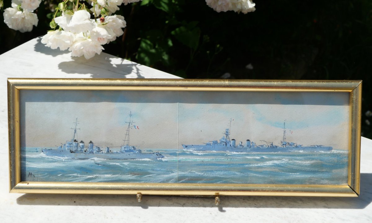 Aquarelle sous verre et encadrée représentant deux navires de guerre TOU25NAV001