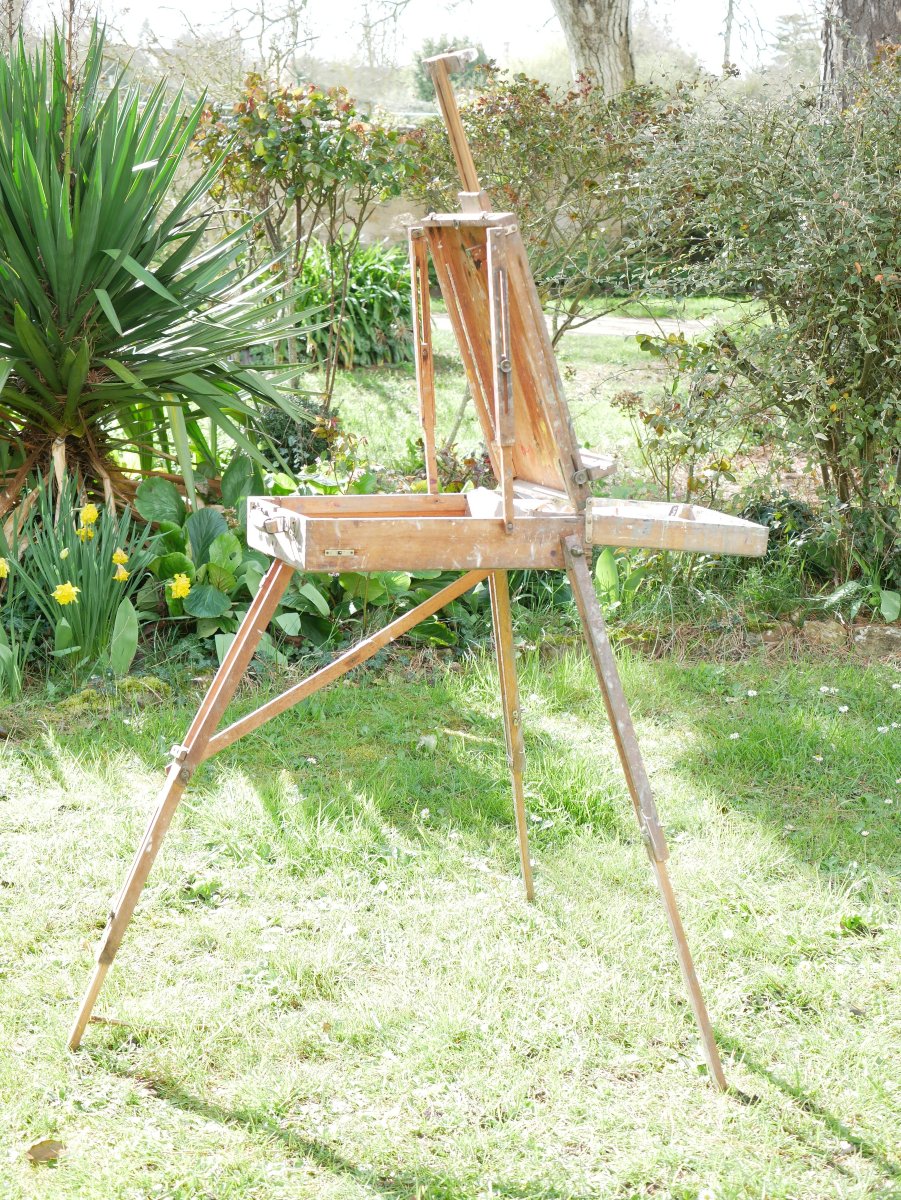 Chevalet de peintre ancien XXe avec accessoires et peintures DIV24CHV002-photo-1