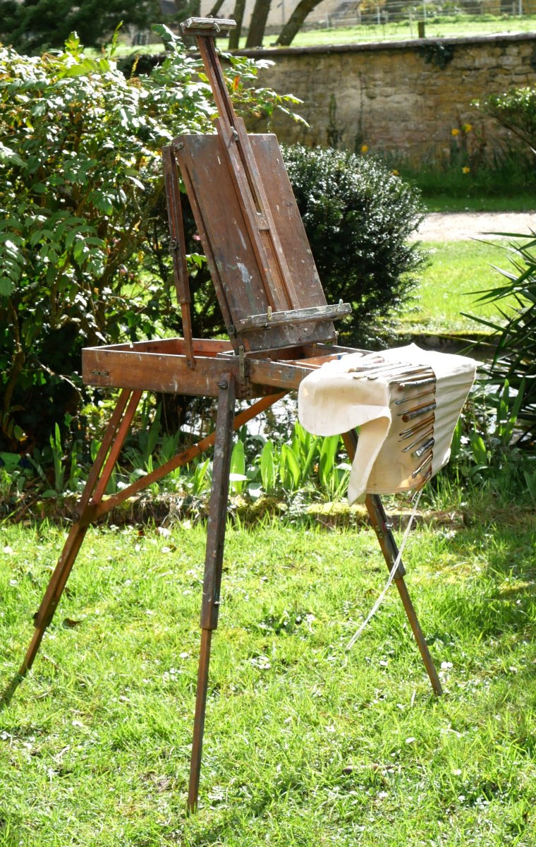 Chevalet de peintre ancien XXe avec accessoires et peintures DIV24CHV002