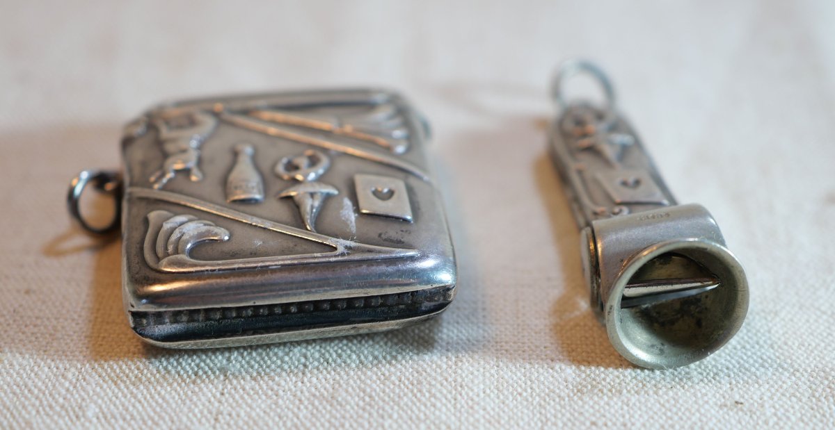 Solid Silver Pyrogen Decorated With The Attributes Of A Flambéer, Cards, Dancer ... Sch24jou001-photo-2