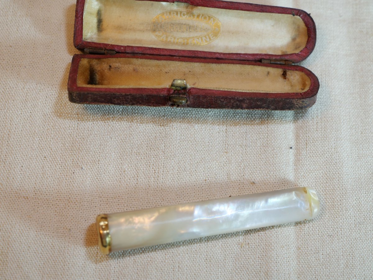 Cigarette Lighter Nacre 750 Thousandths Gold Tip + 19th Century Case Ssl24fum001-photo-4