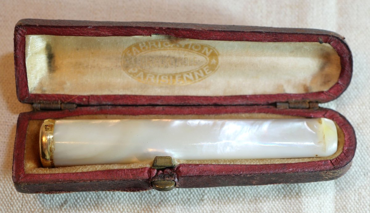 Cigarette Lighter Nacre 750 Thousandths Gold Tip + 19th Century Case Ssl24fum001