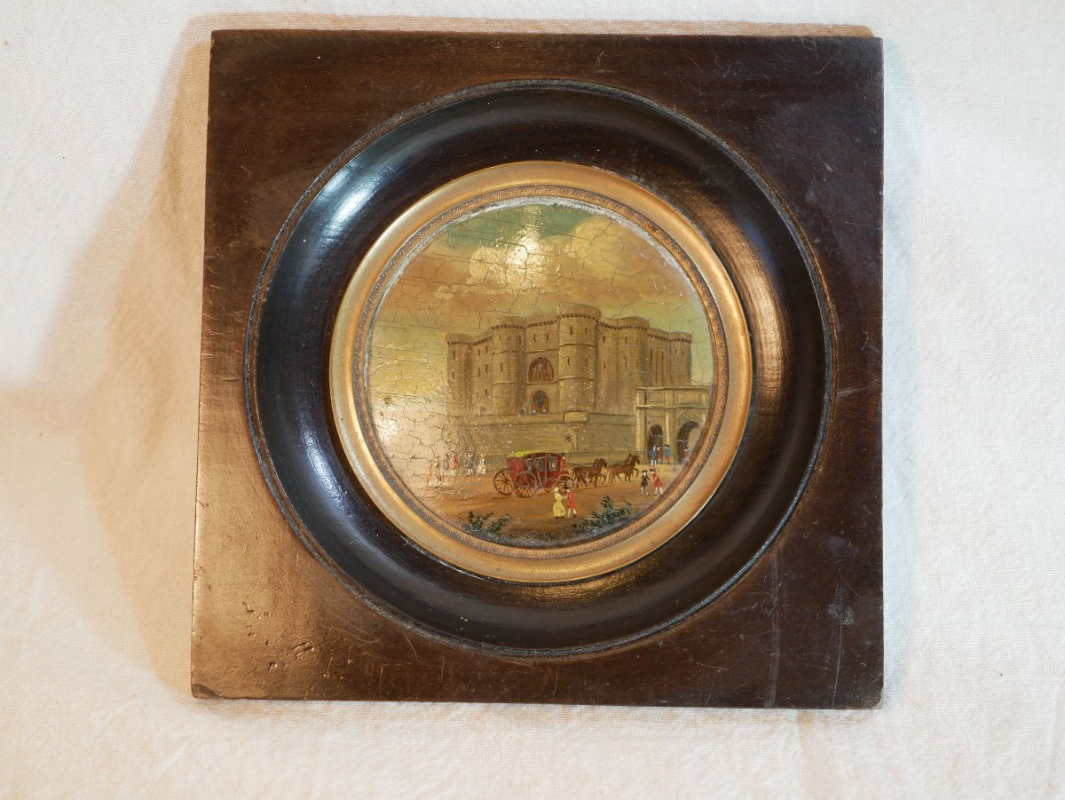 La Bastille Medallion Painting Depicting A Lively Scene With Figures And A Carriage, 18th Century Sdb25por003-photo-2