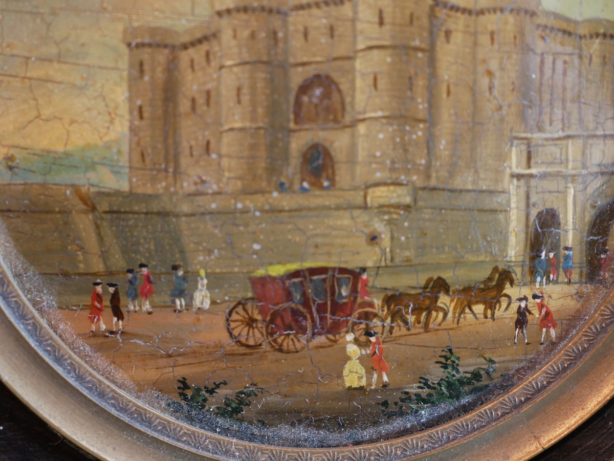 La Bastille Medallion Painting Depicting A Lively Scene With Figures And A Carriage, 18th Century Sdb25por003-photo-4
