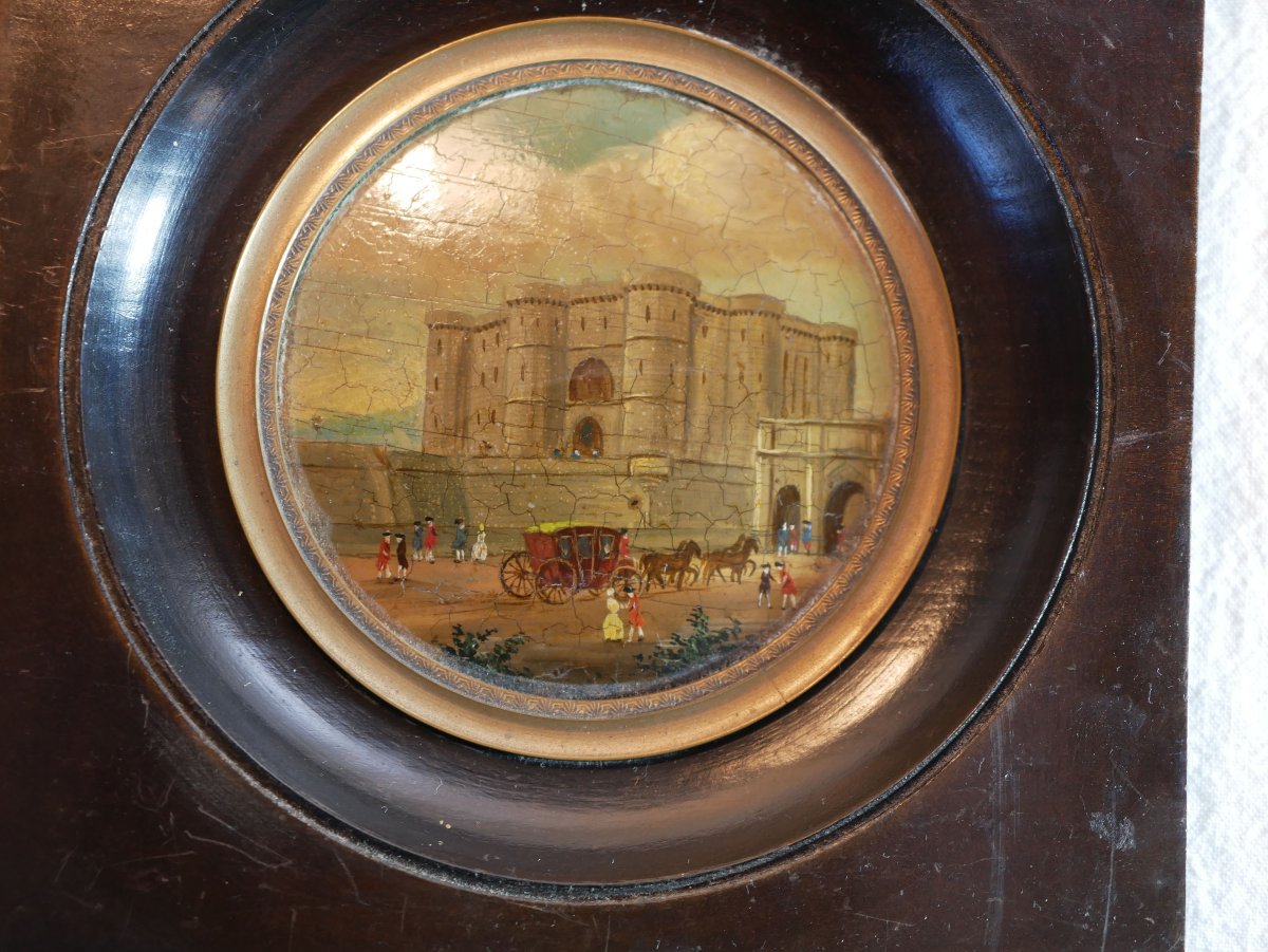 La Bastille Medallion Painting Depicting A Lively Scene With Figures And A Carriage, 18th Century Sdb25por003-photo-1
