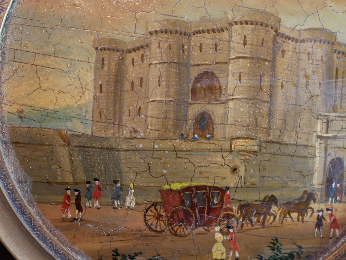 La Bastille Medallion Painting Depicting A Lively Scene With Figures And A Carriage, 18th Century Sdb25por003-photo-3