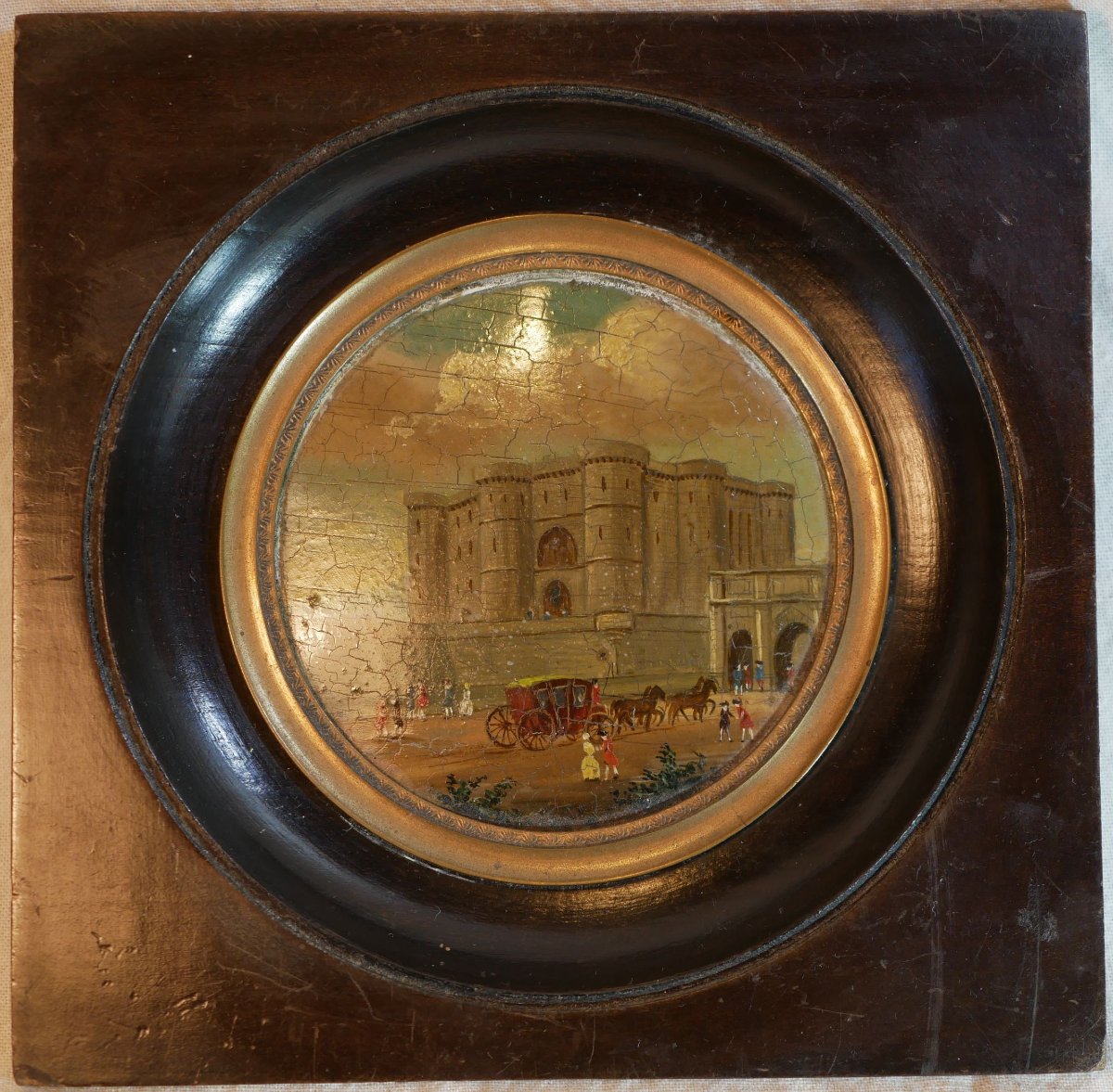 La Bastille Medallion Painting Depicting A Lively Scene With Figures And A Carriage, 18th Century Sdb25por003