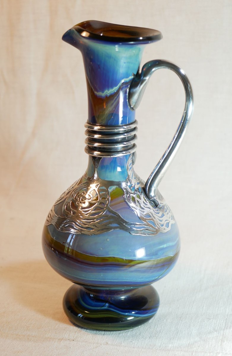 Aiguière burette Art nouveau verre irisé applications argent  Bohême 1900  SCN26OBJ017