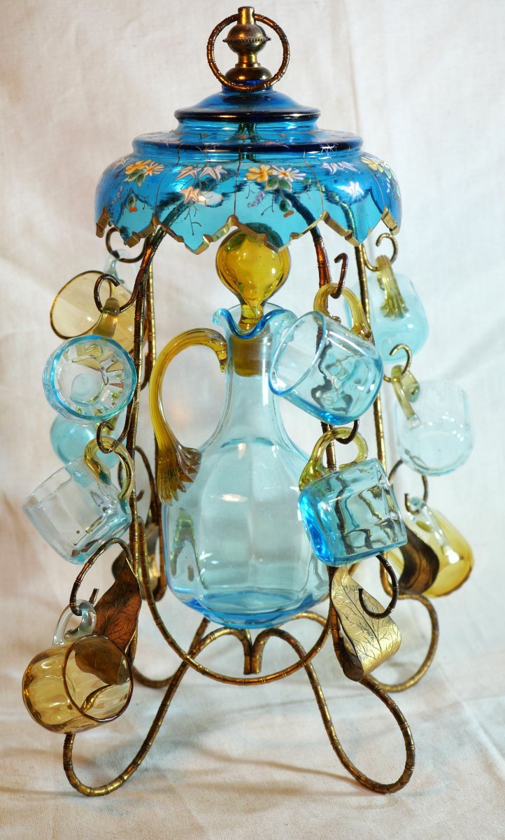 Glass And Metal Cabaret Tray With Blue And Yellow Umbrella And Small Cups Sbx18cab002