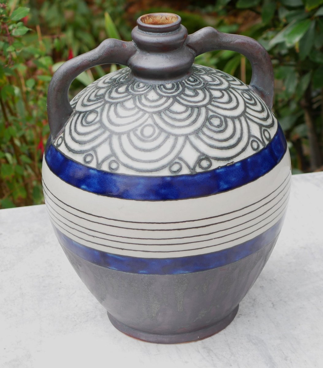 Large Art Deco Glazed Stoneware Pitcher By Louis Garin, Hb Quimper, Odetta 931-1477, 32 Cm, Ifs26ode001-photo-2