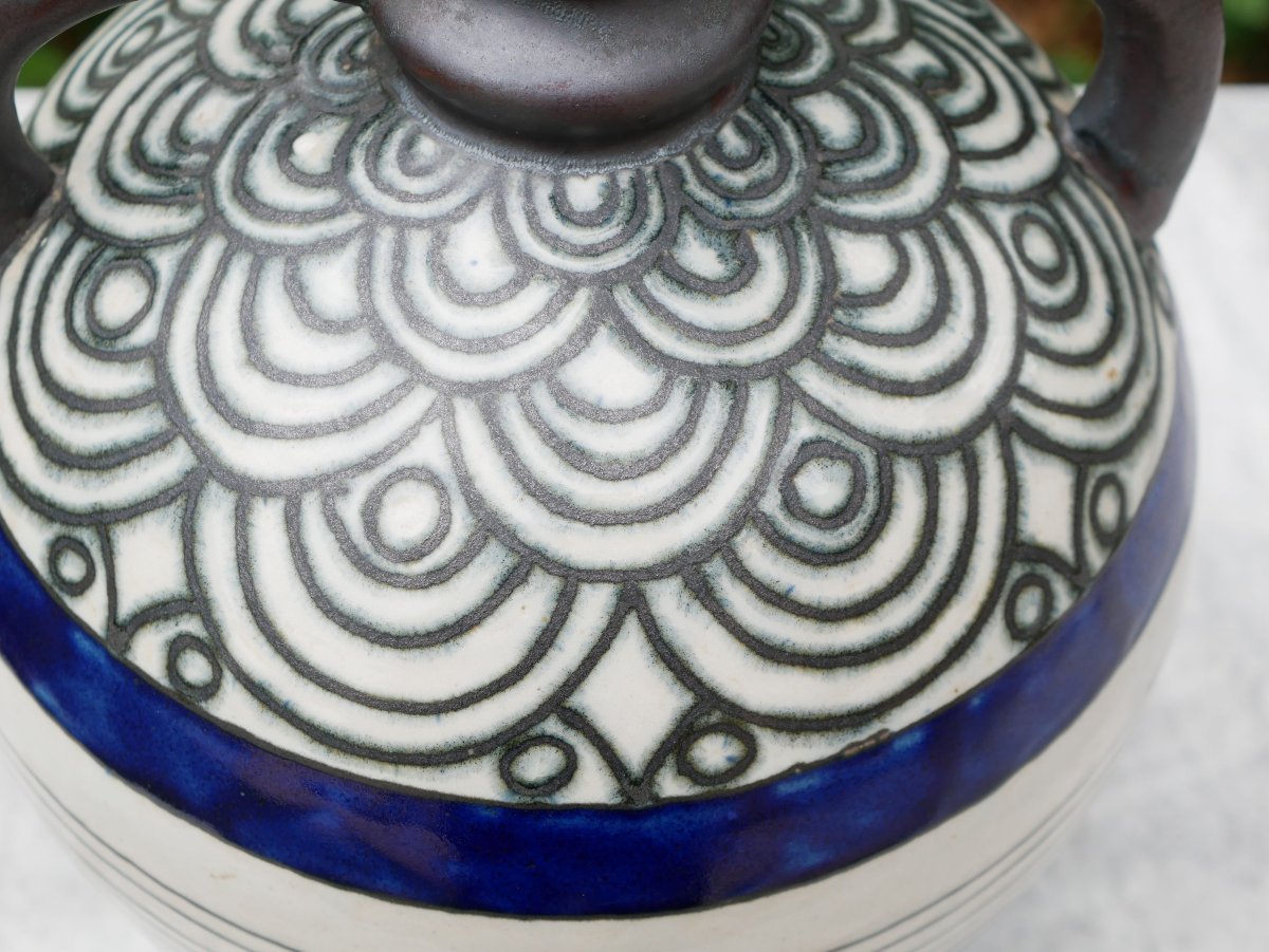 Large Art Deco Glazed Stoneware Pitcher By Louis Garin, Hb Quimper, Odetta 931-1477, 32 Cm, Ifs26ode001-photo-4