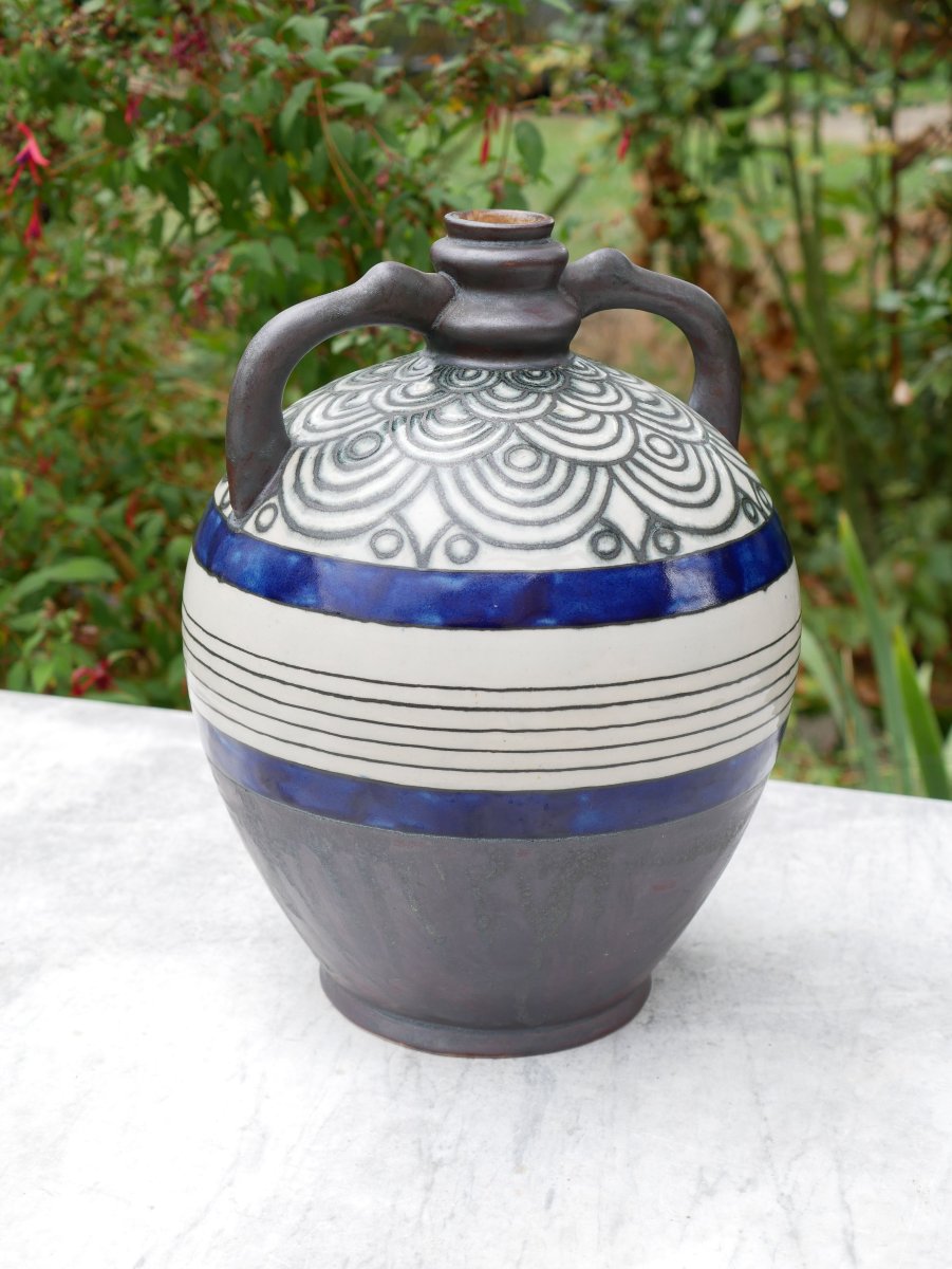 Large Art Deco Glazed Stoneware Pitcher By Louis Garin, Hb Quimper, Odetta 931-1477, 32 Cm, Ifs26ode001-photo-6